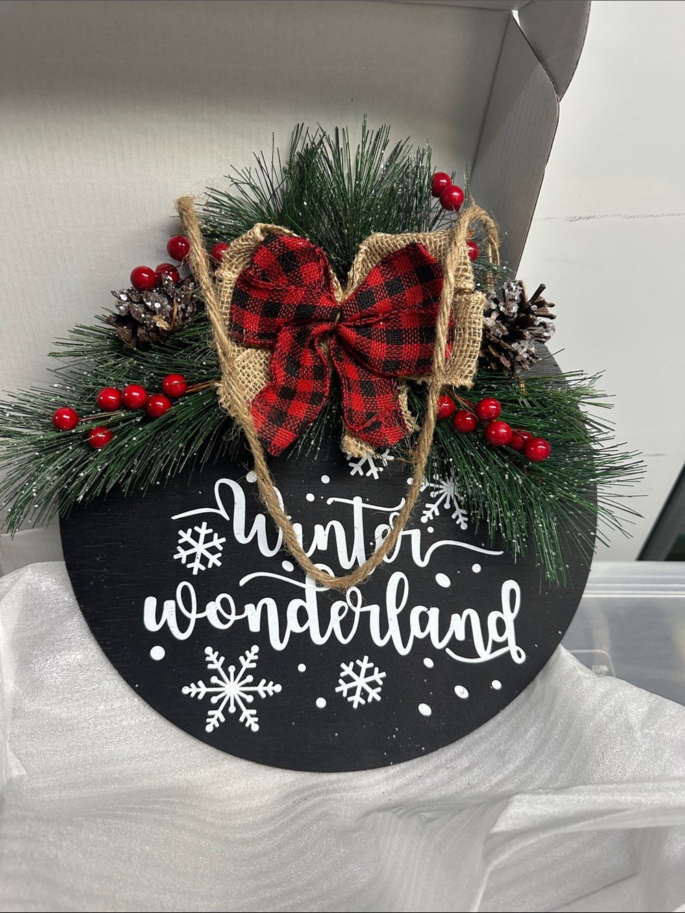 Winter Wonderland Holiday Wall Sign with Red Buffalo Plaid Bow